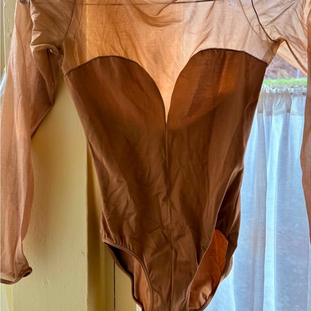 Long Sleeve Nude Color & Sheer Danskin Bodysuit Size S